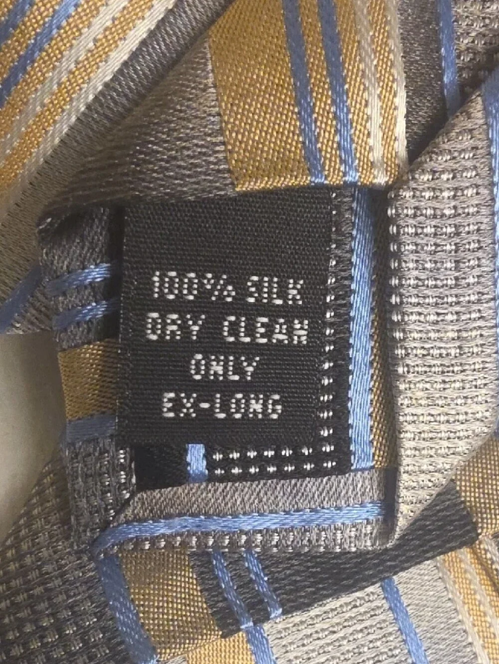 Pronto Uomo Silk Hand Made Gray Tie with Gold and Blue Stripes X Large 65 Inches